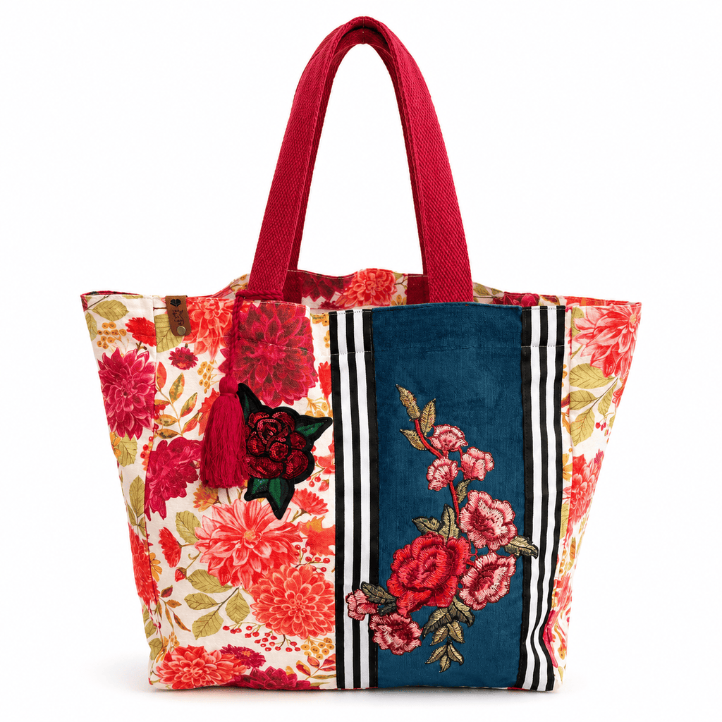 Sac Cabas Toile Imprimé Floral Roses Dahlias Épaule Femme Quotidien 1