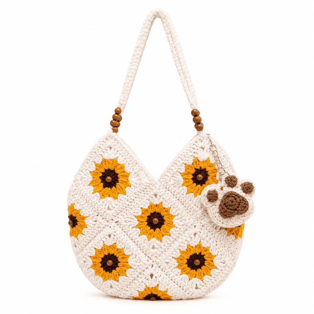 Sac Cabas Crochet Tournesol Granny Square Laine Bandoulière Perles Bois 1
