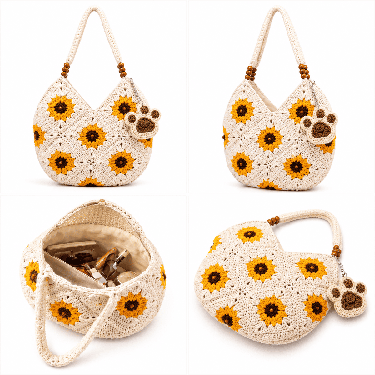 Sac Cabas Crochet Tournesol Granny Square Laine Bandoulière Perles Bois 2