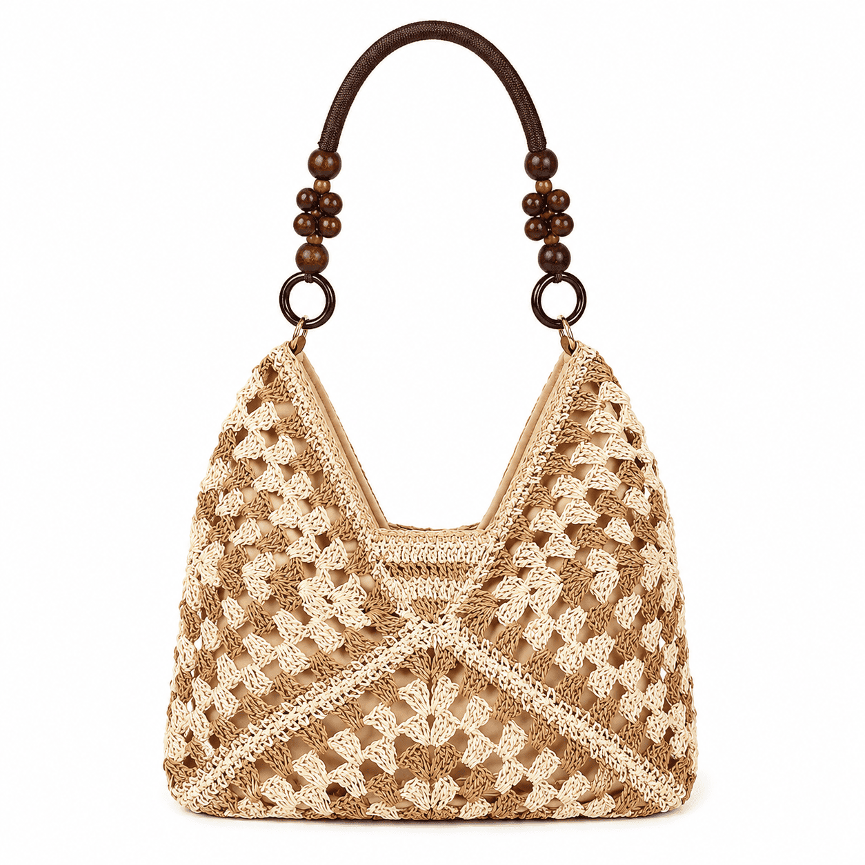 Sac Cabas Crochet Granny Square Noir Crème Anse Perles Bois Épaule 1