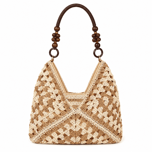 Sac Cabas Crochet Granny Square Noir Crème Anse Perles Bois Épaule 1